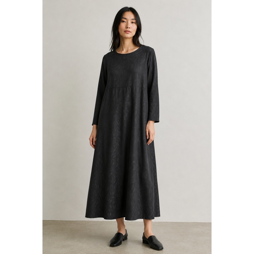 Eileen Fisher Gray Jacquard Leaf Print Maxi Dress‎ L Italian USA Made Lagenlook